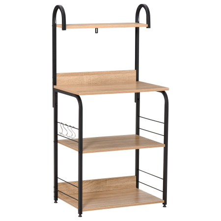 Mobila bucatarie -  Etajere de bucatarie - etajera cuptor cu microunde - mobilier cuptor cu microunde - 3 rafturi, raft, carlige - panouri de particule aspect stejar deschis cadru metal negru