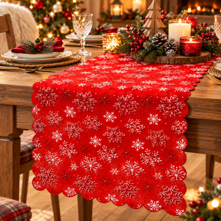 Decoratiuni Craciun - Fata de masa pentru decor, cu motive de Craciun, din stofa, 34x187 cm, rosu