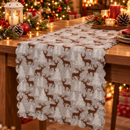 Decoratiuni Craciun - Fata de masa pentru decor, cu motive de Craciun, din stofa, 35x186 cm, gri