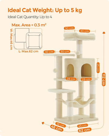 Ansamblu de joaca pentru pisici cu 2 platforme, 1 culcus, hamac si 4 stalpi sisal, 45x35x112 cm, bej [2]