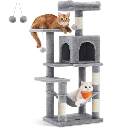 Pet Shop - FEANDREA Ansamblu de joaca pentru pisici cu 2 platforme, 1 culcus, hamac si 4 stalpi sisal, 45x35x112 cm, gri