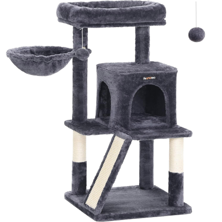 Pet Shop - Ansamblu de joaca pentru pisici, tip copac, cu 2 culcusuri si ascunzatoare, 48x48x96cm, gri inchis