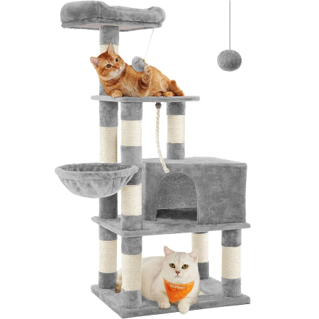 Pet Shop - Ansamblu de joaca pentru pisici, tip copac, cu 2 culcusuri si ascunzatoare, 54x40x138cm, gri deschis