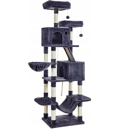 Pet Shop - FEANDREA Ansamblu de joaca pentru pisici, tip copac, cu 3 culcusuri, hamac si 2 ascunzatoare, 60x50x206cm, gri inchis