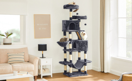 FEANDREA Ansamblu de joaca pentru pisici, tip copac, cu 3 culcusuri, hamac si 2 ascunzatoare, 60x50x206cm, gri inchis [7]