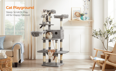 FEANDREA Ansamblu de joaca pentru pisici, tip copac, cu 3 culcusuri, hamac si ascunzatoare, 50x50x164cm, gri deschis [1]