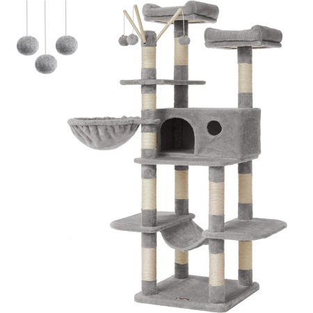 Decoratiuni si articole casa - FEANDREA Ansamblu de joaca pentru pisici, tip copac, cu 3 culcusuri, hamac si ascunzatoare, 50x50x164cm, gri deschis