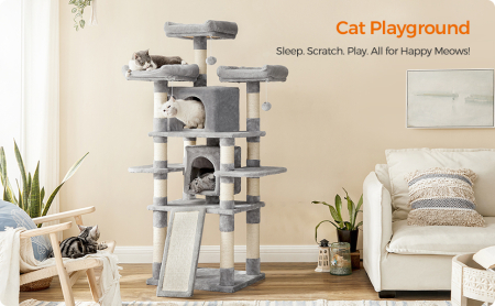 FEANDREA Ansamblu de joaca pentru pisici, tip copac, cu 3 culcusuri si 2 ascunzatoare, 61x49x170cm, gri deschis [1]