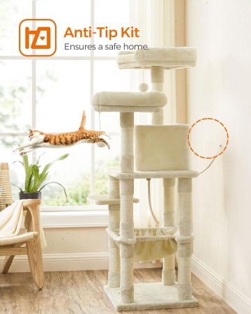 Ansamblu joaca pisici tip copac 3 culcusuri si ascunzatoare, plus 500g/m2, stalpi sisal, 55x45x145 cm, bej [9]