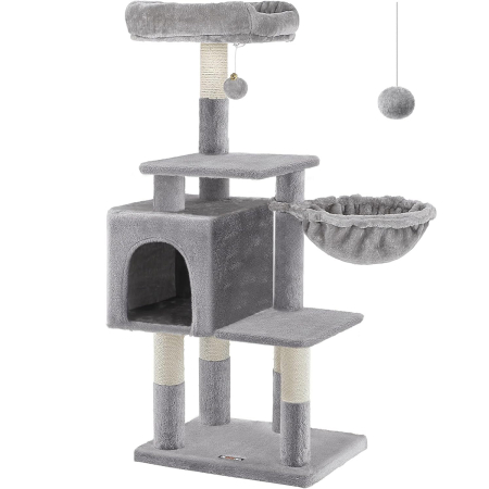 Pet Shop - FEANDREA Ansamblu de joaca pentru pisici, tip copac, cu culcus si ascunzatoare, 50x40x110cm, gri deschis