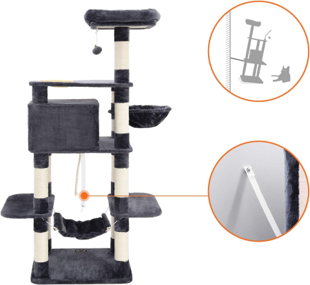 FEANDREA Ansamblu de joaca pentru pisici, tip copac, cu culcus si ascunzatoare, 90x50x164cm, gri antracit [7]