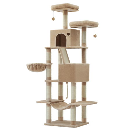 Pet Shop - Ansamblu de joaca pentru pisici, tip copac, XXL, 13 stalpi de zgariat, 2 ascunzatori, 60x50x206cm, maro