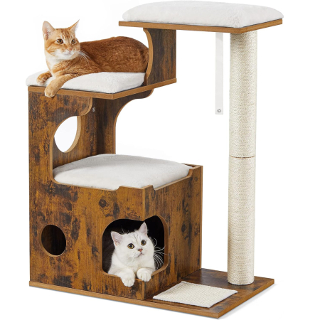 Ansambluri de joaca animale - Ansamblu de joaca pentru pisici, tip mobilier, MDF, cu 3 culcusuri si ascunzatoare, 66x40x86cm, maro rustic
