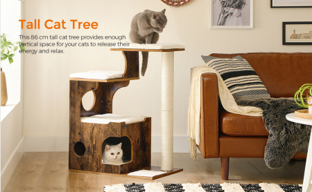 FEANDREA Ansamblu de joaca pentru pisici, tip mobilier, MDF, cu 3 culcusuri si ascunzatoare, 66x40x86cm, maro rustic [1]