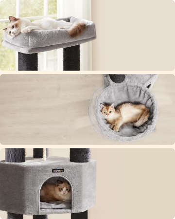 FEANDREA Ansamblu de joaca pisici, cu 9 stalpi de sisal, platforme mari si casuta, 50x50x160 cm, gri [3]