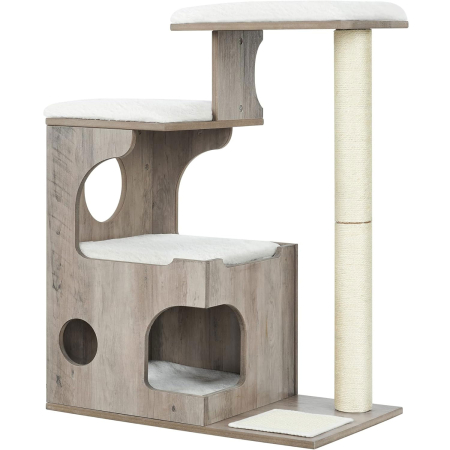 Living & hol - Ansamblu joaca pisici tip copac din lemn cu 3 culcusuri si pestera, stalpi sisal 80 cm, perne lavabile, 66x40x86 cm, gri