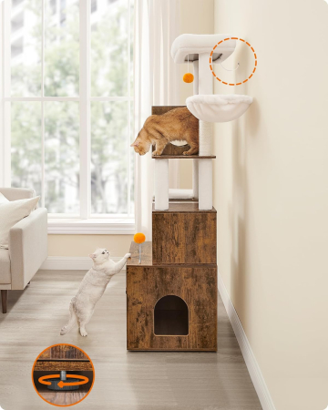 Ansamblu pentru pisici din PAL, plus si sisal, cu dulap litiera, 185 cm, platforme multiple, perne lavabile, maro rustic [7]
