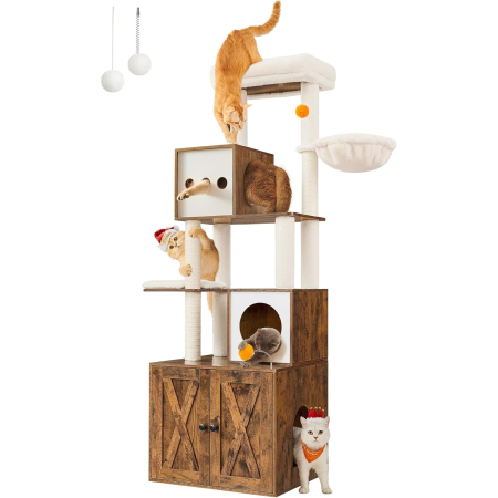 Living & hol - Ansamblu pentru pisici din PAL, plus si sisal, cu dulap litiera, 185 cm, platforme multiple, perne lavabile, maro rustic