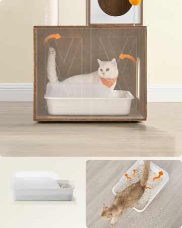 Ansamblu pentru pisici din PAL, plus si sisal, cu dulap litiera, 185 cm, platforme multiple, perne lavabile, maro rustic [5]