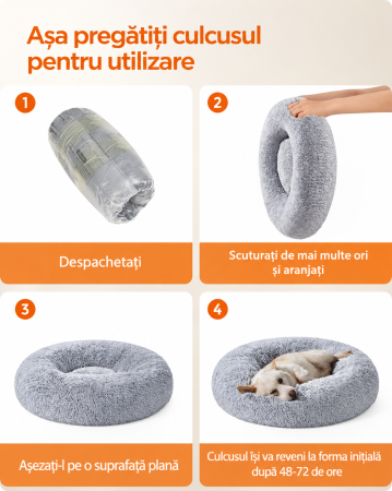 Culcus pufos pentru caini si pisici tip donut, umplutura spuma Memory pentru confort, margini inaltate, perna centrala detasabila, pentru ani [6]