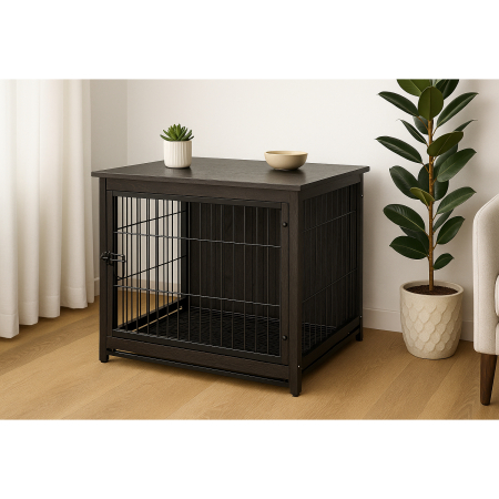 Cusca mobilier pentru caini mari, masa laterala cu 2 usi si tava detasabila, otel si PAL, 112x75x80 cm, negru [1]