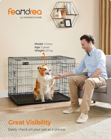 FEANDREA Cusca pentru animale, 2 usi, pliabila din metal, perete separator si tava detasabile, XL, 107x70x78cm, negru [1]