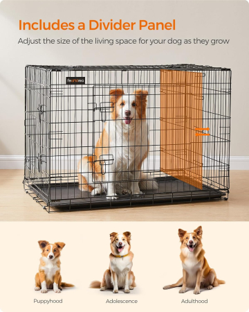 FEANDREA Cusca pentru animale, 2 usi, pliabila din metal, perete separator si tava detasabile, XL, 107x70x78cm, negru [2]