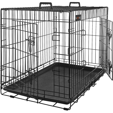 Cusca pentru animale, 2 usi, pliabila din metal, perete separator si tava detasabile, XL, 107x70x78cm, negru