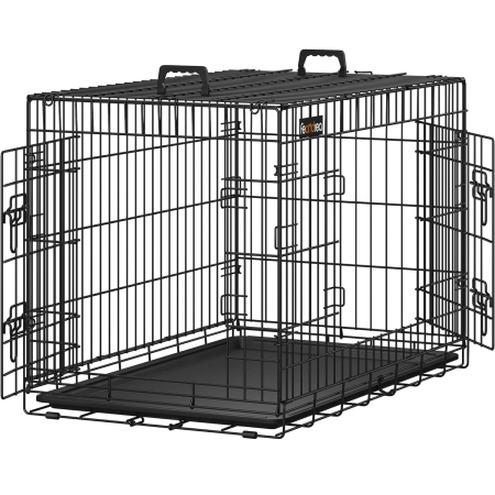 Cusca pentru animale, 2 usi, pliabila din metal, tava detasabila, L, 93x58x64cm, negru