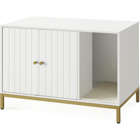 Comode - Dulap mascat pentru litiera pisici, cu cadru metalic auriu, 80x50x55 cm, alb