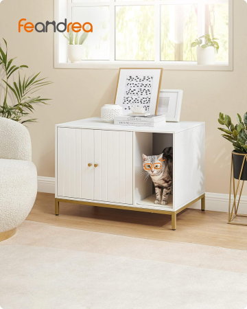 Dulap mascat pentru litiera pisici, cu cadru metalic auriu, 80x50x55 cm, alb [8]