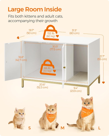 Dulap mascat pentru litiera pisici, cu cadru metalic auriu, 80x50x55 cm, alb [2]