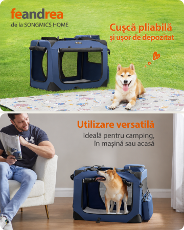 Geanta transport animale de companie, pliabila, cu cadru metalic, saltea inclusa, marime L, 70x52x52 cm, albastru [6]