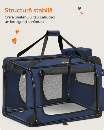 Geanta transport animale de companie, pliabila, cu cadru metalic, saltea inclusa, marime L, 70x52x52 cm, albastru [2]