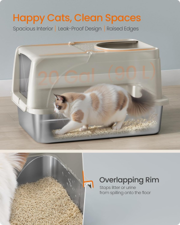 Litiera inchisa pentru pisici XL, inox, capac rabatabil 180Â°, intrare dubla, lopatica si perie incluse, 61x41x37 cm, bej [4]