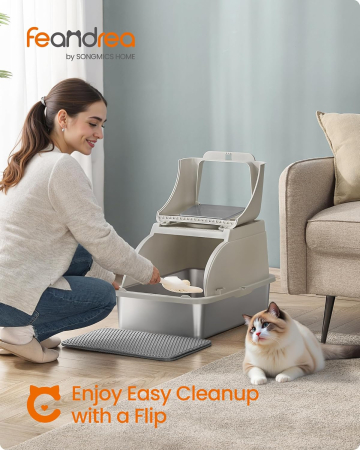 Litiera inchisa pentru pisici XL, inox, capac rabatabil 180Â°, intrare dubla, lopatica si perie incluse, 61x41x37 cm, bej [5]