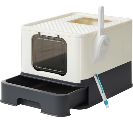 Litiere - FEANDREA Litiera pentru pisici cu capac, tava extensibila, pentru pisici de pana la 15 kg, 54x43x38cm, bej negru