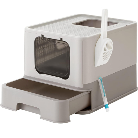Litiere - Litiera pisici cu capac tava extensibila maxim 15 kg, 54x43x38 cm, design igienic, gri