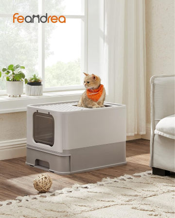 Litiera pisici cu capac tava extensibila maxim 15 kg, 54x43x38 cm, design igienic, gri [1]