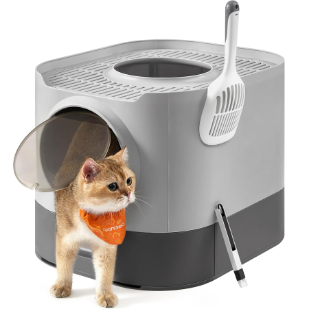 Pet Shop - FEANDREA Litiera pisici XL cu 2 cai de acces, tava glisanta curaare rapida, 54x43x40 cm, gri