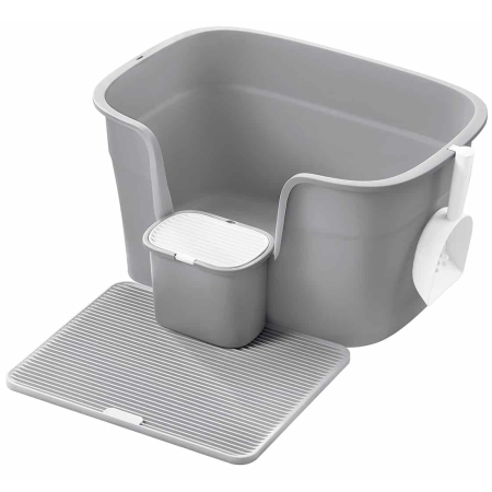Litiere - Litiera pisici xl pereti inalti colector nisip depozitare, 64x44x33 cm, design deschis, gri