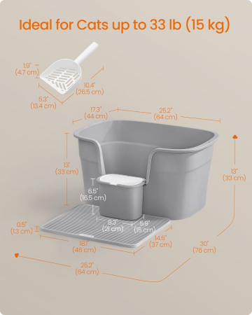 Litiera pisici xl pereti inalti colector nisip depozitare, 64x44x33 cm, design deschis, gri [1]