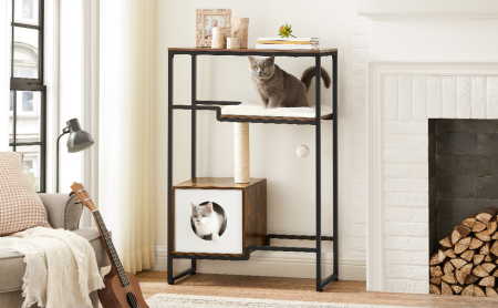 FEANDREA Mobilier 2 in 1 pentru pentru pisici cu ascunzatoare, 74x34x114cm, maro vintage [1]