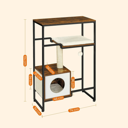 Mobilier 2 in 1 pisici cu pestera si rafturi decorative, PAL otel plus sisal, max 30 kg, 74x34x114 cm, maro vintage [5]