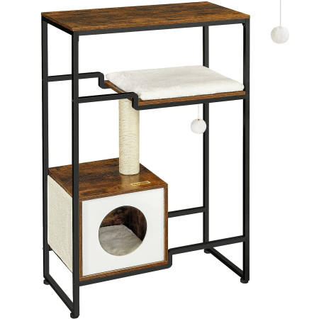 Ansambluri de joaca animale - Mobilier 2 in 1 pisici cu pestera si rafturi decorative, PAL otel plus sisal, max 30 kg, 74x34x114 cm, maro vintage