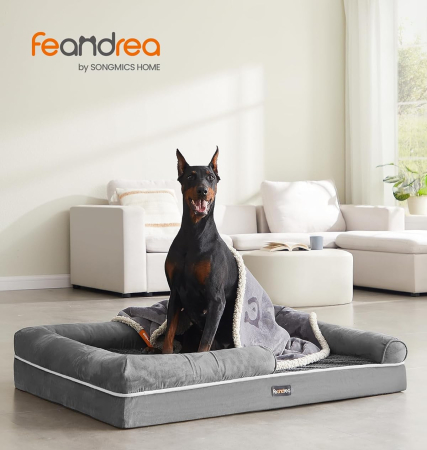 FEANDREA Pat ortopedic pentru caini, cu margini inaltate si husa detasabila, 120x85x20 cm, gri deschis [2]