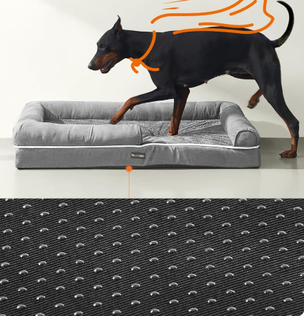 FEANDREA Pat ortopedic pentru caini, cu margini inaltate si husa detasabila, 120x85x20 cm, gri deschis [4]