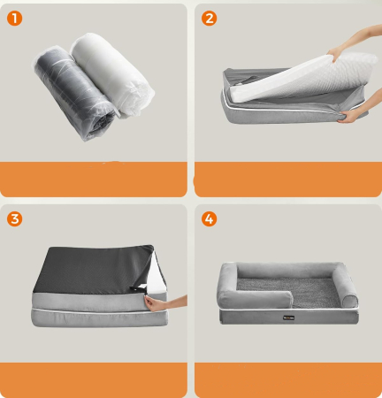 FEANDREA Pat ortopedic pentru caini, cu margini inaltate si husa detasabila, 120x85x20 cm, gri deschis [5]