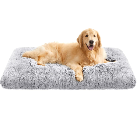 FEANDREA Pat pufos pentru caini de dimensiune mare, captuseala moale cu fir lung, lavabil la masina, 122x74 cm, gri deschis [1]