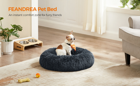 FEANDREA Pat pufos pentru caini si pisici, cu husa detasabila, lavabila, plus moale cu fir lung, 60 cm, gri inchis [9]